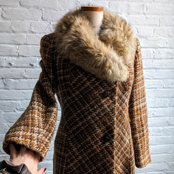70s Vintage Penny Lane Wool Fur Coat Groovy Plaid Minimal Trench Afghan Jacket - Picture 2 of 11